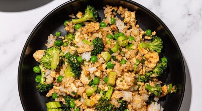 Crumbled Tofu Fried Rice with Broccoli and Peas