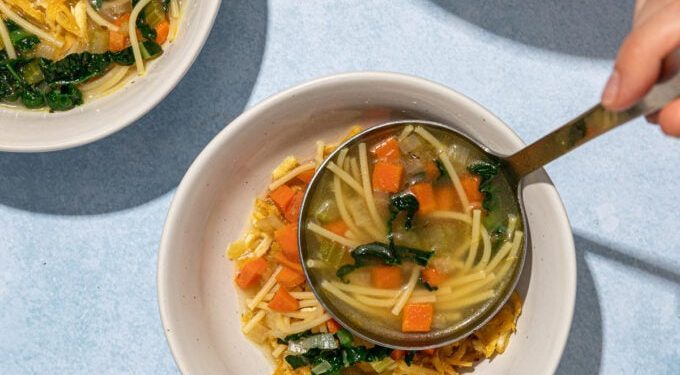 Vegan “Chicken” Noodle Soup with Grated Tofu