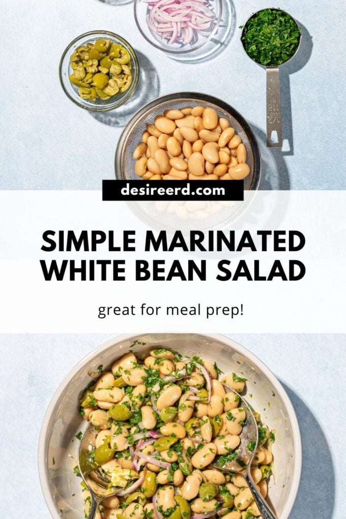 pinterest graphic of bowl of white bean and olive salad next to bowls of ingredients: white beans, parsley, olives, red onion