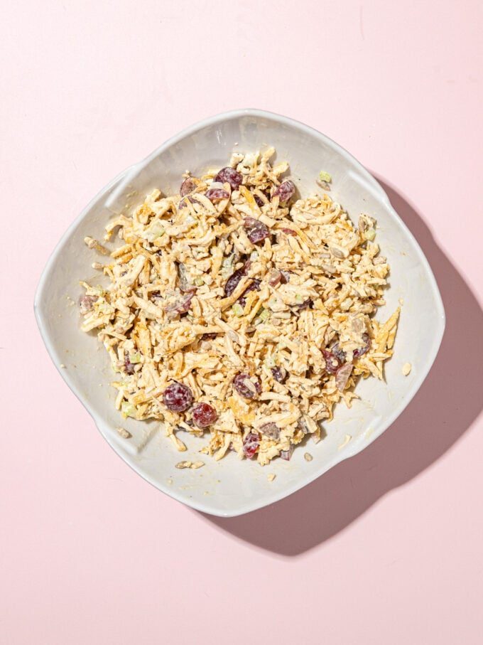 white bowl filled with shredded tofu "chicken" salad
